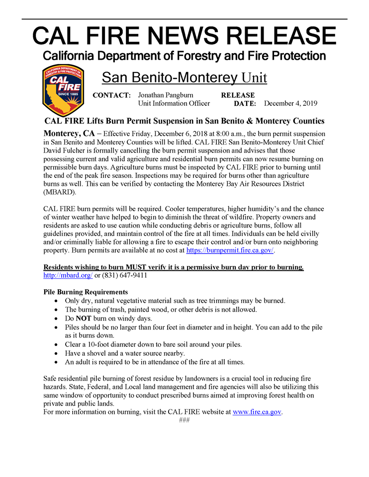 Calfire to lift suspension on burn permits San Benito Live